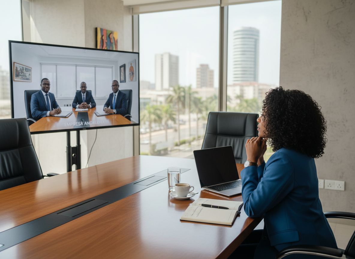 Consultora de RH em reunião híbrida com cliente empresarial em Angola, com ecrã de videoconferência e bloco de notas
